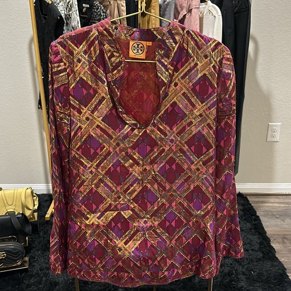 Tory Burch Lame Plaid Silk Chiffon Tunic - Picture 4 of 7